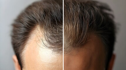 Fototapeta premium Hair restoration infographic, highlighting the treatment journey from thinning to regrowth, featuring side-by-side before-and-after scalp images, Clean Layout, Realistic Render