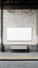 Urban bench near blank poster wall on textured surface, industrial style.