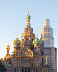 View of the Church of the Savior on Spilled Blood (Cathedral of the Resurrection of Christ) under restoration in central St. Petersburg, Russia.
