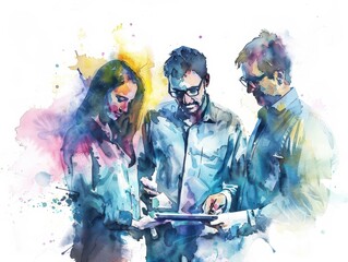 Watercolor drawing of a team member summarizing the plan on a tablet.
