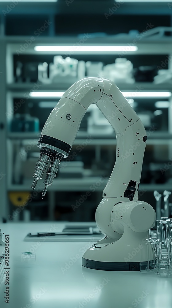 Poster a white robotic arm with multiple metal tubes extending from the end of the arm in a sterile laborat