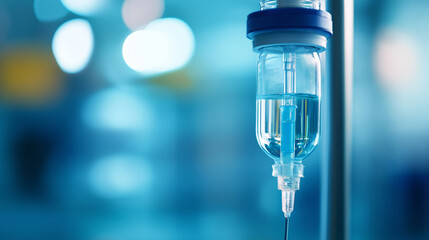 IV drip attached to a stand, with clear focus on the tube and fluid bag