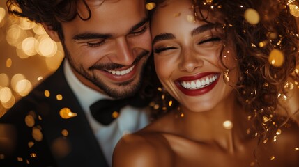 close-up shot happy couple in elegant evening attire, surrounded by falling golden confetti and sparkling lights.  © Khawla