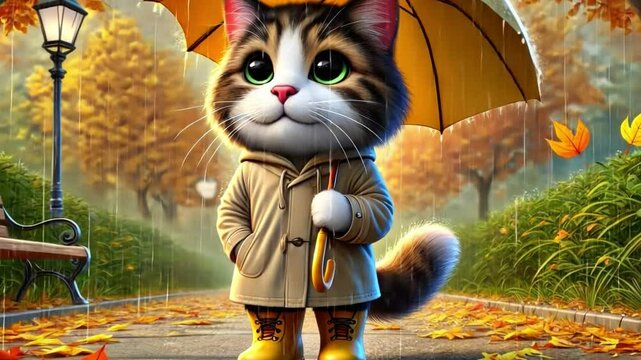 Adorable cat in raincoat and boots under umbrella in autumn rainy park