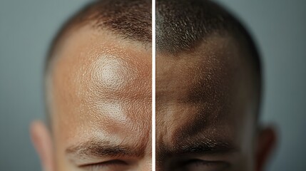Side-by-side comparison of the crown of a patient's head, showing hair regrowth and filling in of bald areas after laser therapy, High-Resolution, Realistic