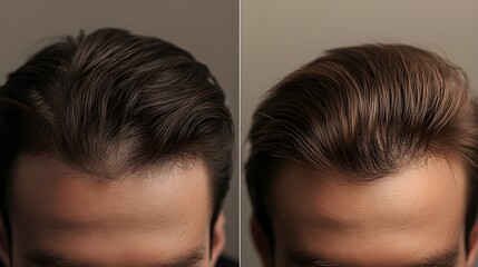 Side-by-side images documenting hairline changes before and after the transplant, with a focus on precision and hair density improvement, High-Resolution, Soft Lighting