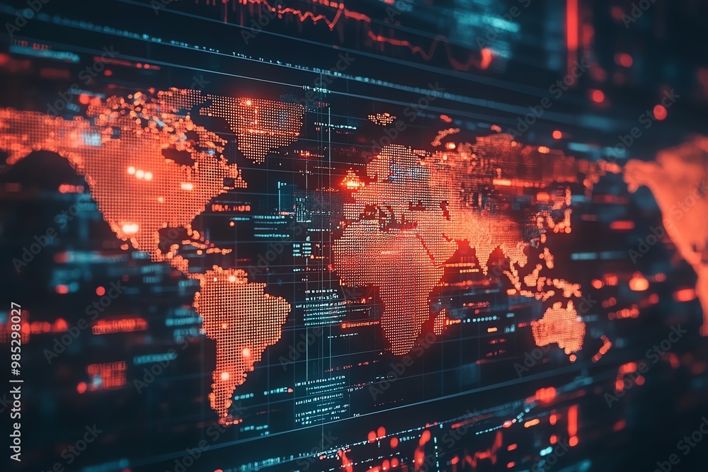Fototapete A world map composed of red dots on a dark background with code and data visible.