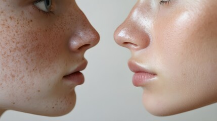 Side-by-side shot of nose and chin before-and-after deep pore treatment, showing dramatic reduction in blackheads and smoother skin, Realistic, Natural Colors