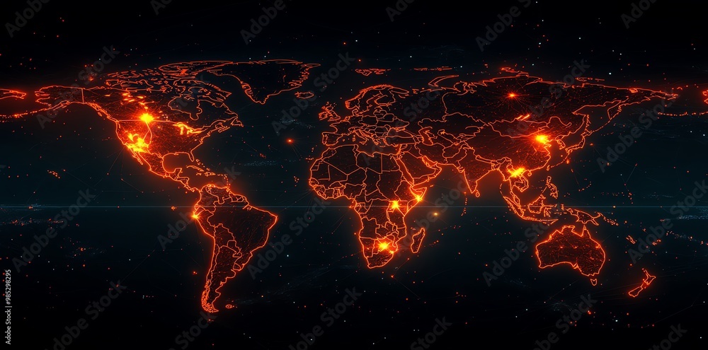 Poster a world map with glowing orange lines outlining the continents and countries, with some glowing dots