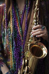 Obraz premium Close-Up Half body of an American woman in New Orleans, holding a saxophone, with Mardi Gras beads and jazz elements swirling in the background. Cultural Portrait and Graphic Surrealism