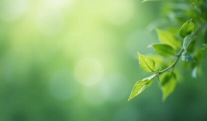 Fototapeta premium Spring, autumn background. Branch with green leaves on blur and bokeh background with golden sun light. AI generated.