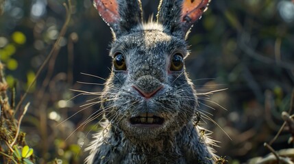 Obraz premium Close Up Portrait of a Wet Rabbit in the Forest