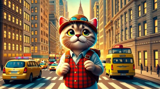 Adventurous cat in new york city with vintage backpack and sunglasses