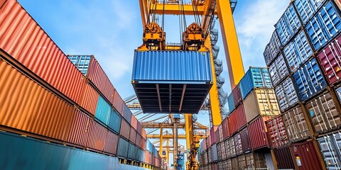 A yellow crane lifts a blue shipping container against a blue sky, while stacks of multi-colored shipping containers fill the background.