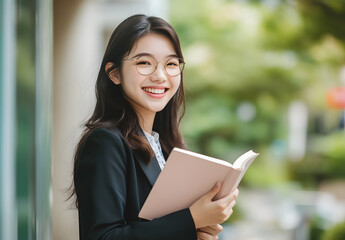 Fototapeta premium A happy, smiling young asia-american woman, a student with books in hand, stands near the university