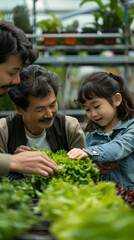 Several Asian farmers working together in a hydroponics system on a vegetable farm. In a greenhouse garden, grandparents teach their grandchildren how to grow and care for organic lettuce vegetables.