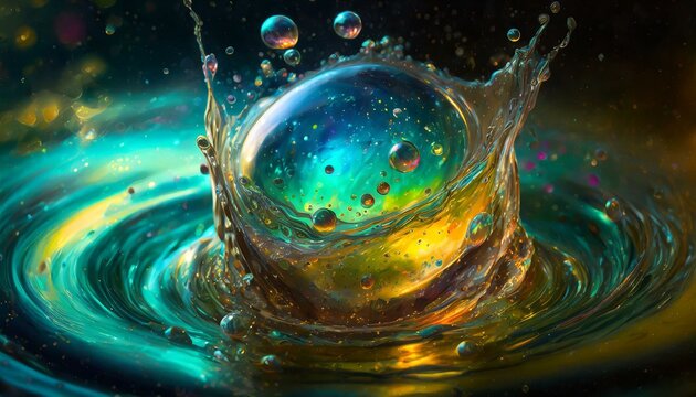Swirling bubbles implode in a transparent blue liquid, creating a mesmerizing dance of motion and light, as cavitation ripples send delicate shockwaves through the serene fluid.