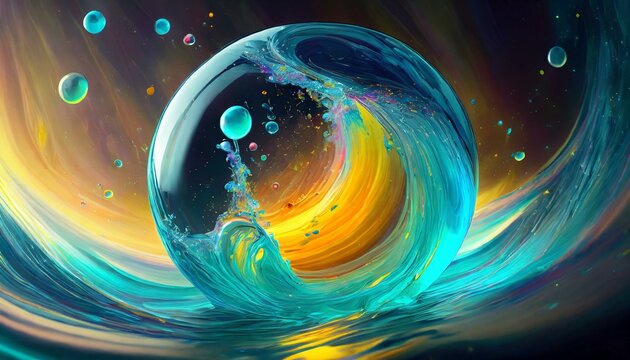 Swirling bubbles implode in a transparent blue liquid, creating a mesmerizing dance of motion and light, as cavitation ripples send delicate shockwaves through the serene fluid.