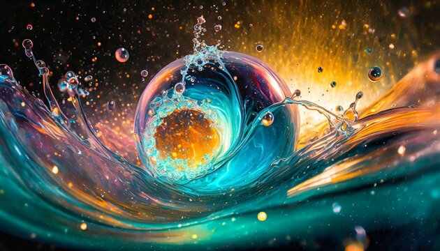 Swirling bubbles implode in a transparent blue liquid, creating a mesmerizing dance of motion and light, as cavitation ripples send delicate shockwaves through the serene fluid.