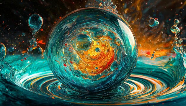 Swirling bubbles implode in a transparent blue liquid, creating a mesmerizing dance of motion and light, as cavitation ripples send delicate shockwaves through the serene fluid.