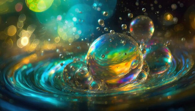 Swirling bubbles implode in a transparent blue liquid, creating a mesmerizing dance of motion and light, as cavitation ripples send delicate shockwaves through the serene fluid.