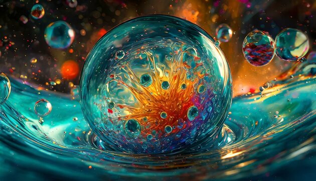 Swirling bubbles implode in a transparent blue liquid, creating a mesmerizing dance of motion and light, as cavitation ripples send delicate shockwaves through the serene fluid.