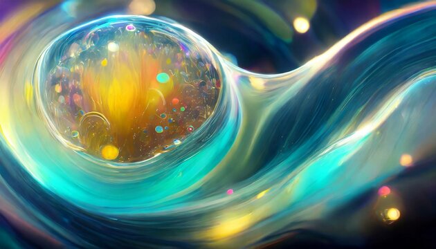 Swirling bubbles implode in a transparent blue liquid, creating a mesmerizing dance of motion and light, as cavitation ripples send delicate shockwaves through the serene fluid.