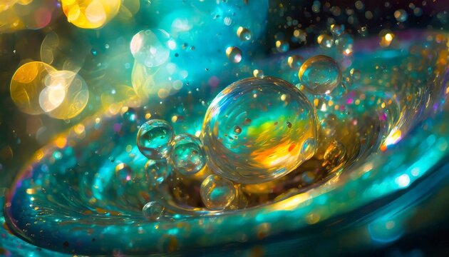Swirling bubbles implode in a transparent blue liquid, creating a mesmerizing dance of motion and light, as cavitation ripples send delicate shockwaves through the serene fluid.