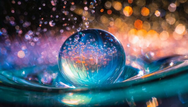 Swirling bubbles implode in a transparent blue liquid, creating a mesmerizing dance of motion and light, as cavitation ripples send delicate shockwaves through the serene fluid.