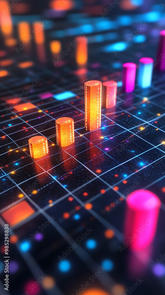 Poster Abstract 3D chart with glowing bars rising over a grid in a dark background with colorful lights.