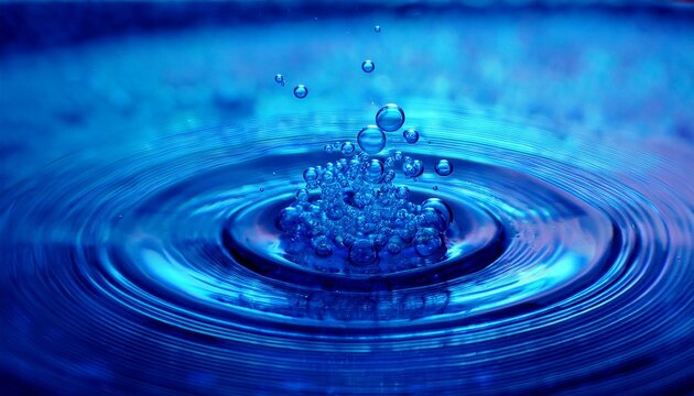 Swirling bubbles implode in a transparent blue liquid, creating a mesmerizing dance of motion and light, as cavitation ripples send delicate shockwaves through the serene fluid.
