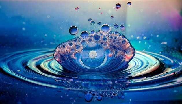 Swirling bubbles implode in a transparent blue liquid, creating a mesmerizing dance of motion and light, as cavitation ripples send delicate shockwaves through the serene fluid.