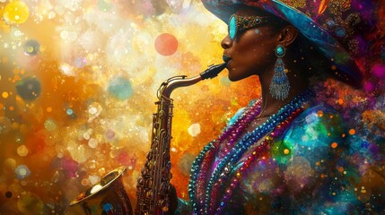 Close-Up Half body of an American woman in jazz attire, holding a saxophone, standing in New Orleans with Mardi Gras beads and jazz elements swirling around her. Cultural Portrait and Graphic