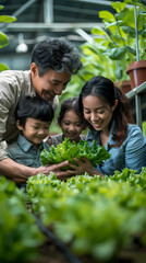 Several Asian farmers working together in a hydroponics system on a vegetable farm. In a greenhouse garden, grandparents teach their grandchildren how to grow and care for organic lettuce vegetables.