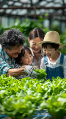 Several Asian farmers working together in a hydroponics system on a vegetable farm. In a greenhouse garden, grandparents teach their grandchildren how to grow and care for organic lettuce vegetables.