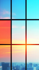 A panoramic view of a city skyline seen through a window at sunset.