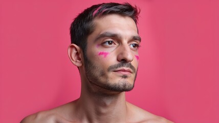 Fototapeta premium Young man with face paint gazes thoughtfully, against a bright pink background.
