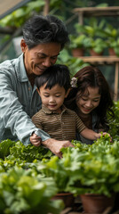 Several Asian farmers working together in a hydroponics system on a vegetable farm. In a greenhouse garden, grandparents teach their grandchildren how to grow and care for organic lettuce vegetables.