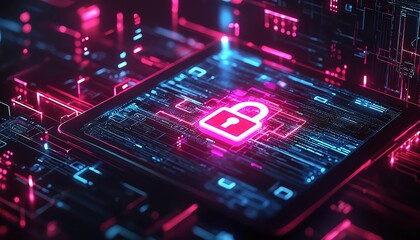 Obraz premium Isolated tablet with a neon padlock symbol on the screen, surrounded by digital security icons, ample copy space, perfect for articles on internet safety, high resolution 8K