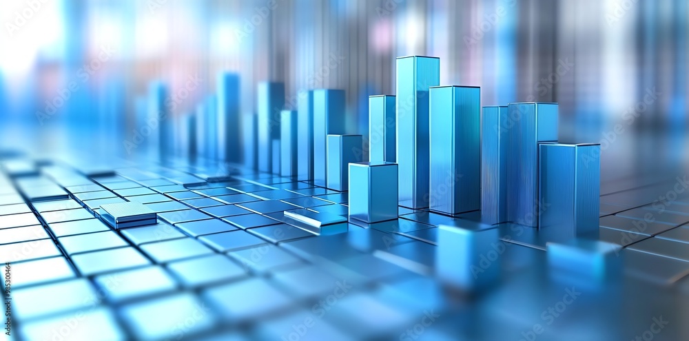 Poster abstract blue bar graph in a futuristic setting.
