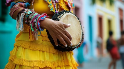 Close-Up Half body of a Puerto Rican woman in plena attire, holding a tambourine, with vibrant Old San Juan architecture in the background. Cultural Portrait and Graphic Surrealism