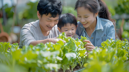 Obraz premium Several Asian farmers working together in a hydroponics system on a vegetable farm. In a greenhouse garden, grandparents teach their grandchildren how to grow and care for organic lettuce vegetables.