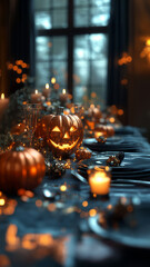 Stylish Halloween dinner table with fancy metal jack-o-lantern and other decorations inside a luxury home. AI generated