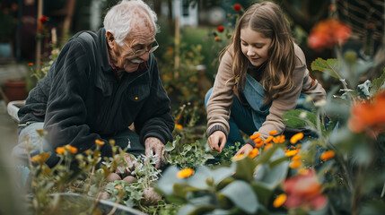 Grandparents and granddaughter gardening in the backyard