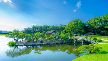 Okayama Korakuen Garden view in Japan - Japanese Garden landscape view summer view - concept of...