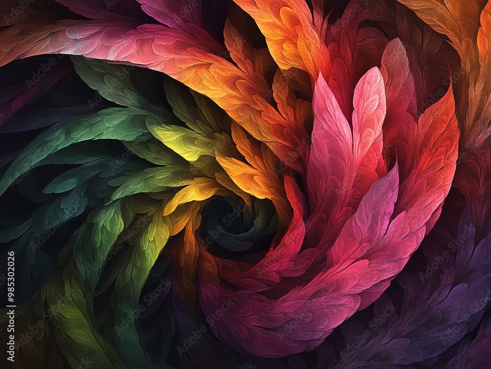Poster abstract colorful feather swirl design with vibrant hues.