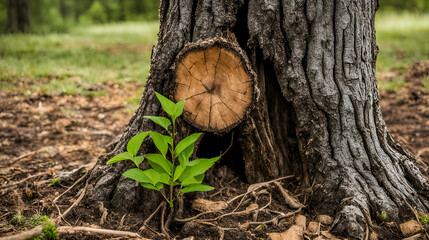 Fototapeta premium Plant shoots growing on an old tree trunk. AI generated.