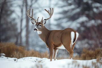 Obraz premium Whitetail deer stands in winter forest snow. Majestic cervid with white coat, antlers in pristine landscape. Cold winter scene with serene stillness, snowfall, and forest habitat.