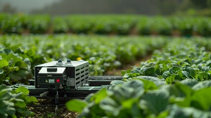 Autonomous tractor working in vegetable farm, 5G technology.