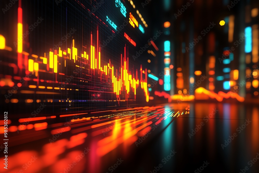 Poster Abstract digital background with a glowing graph and blurred lights.